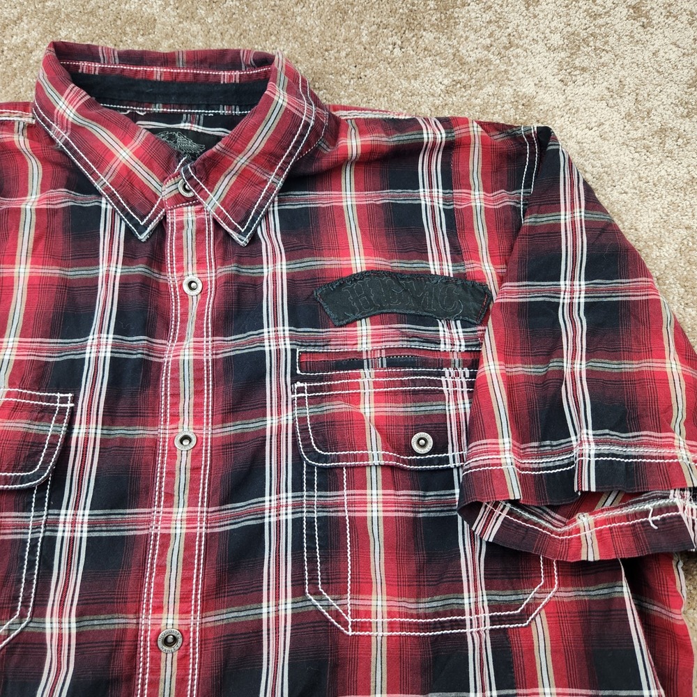 Harley-Davidson Mens 2XL Plaid Short Sleeve Button Up Shirt Red Black Skull #1